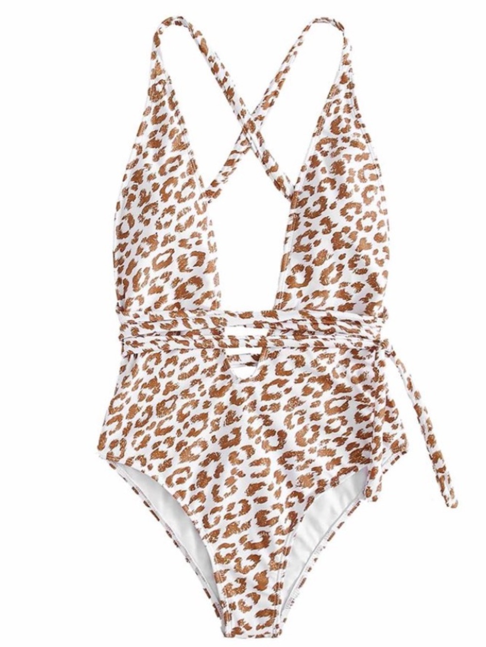 🚘 NWOT  Deep V neck  wrap One-Piece Leopard Print Swimsuit in Brown and White S